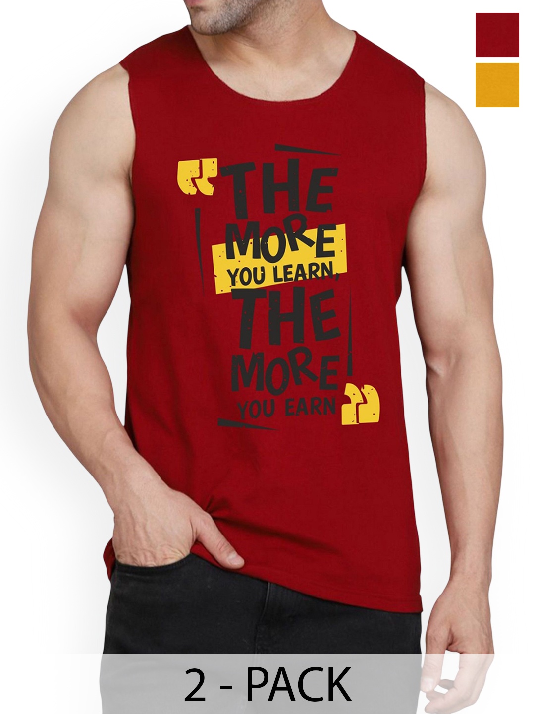 

WOOSTRO Pack Of 2 Printed Cotton Gym Vests RS26 CMB (MORE MAROON) (RUN MUSTARD)