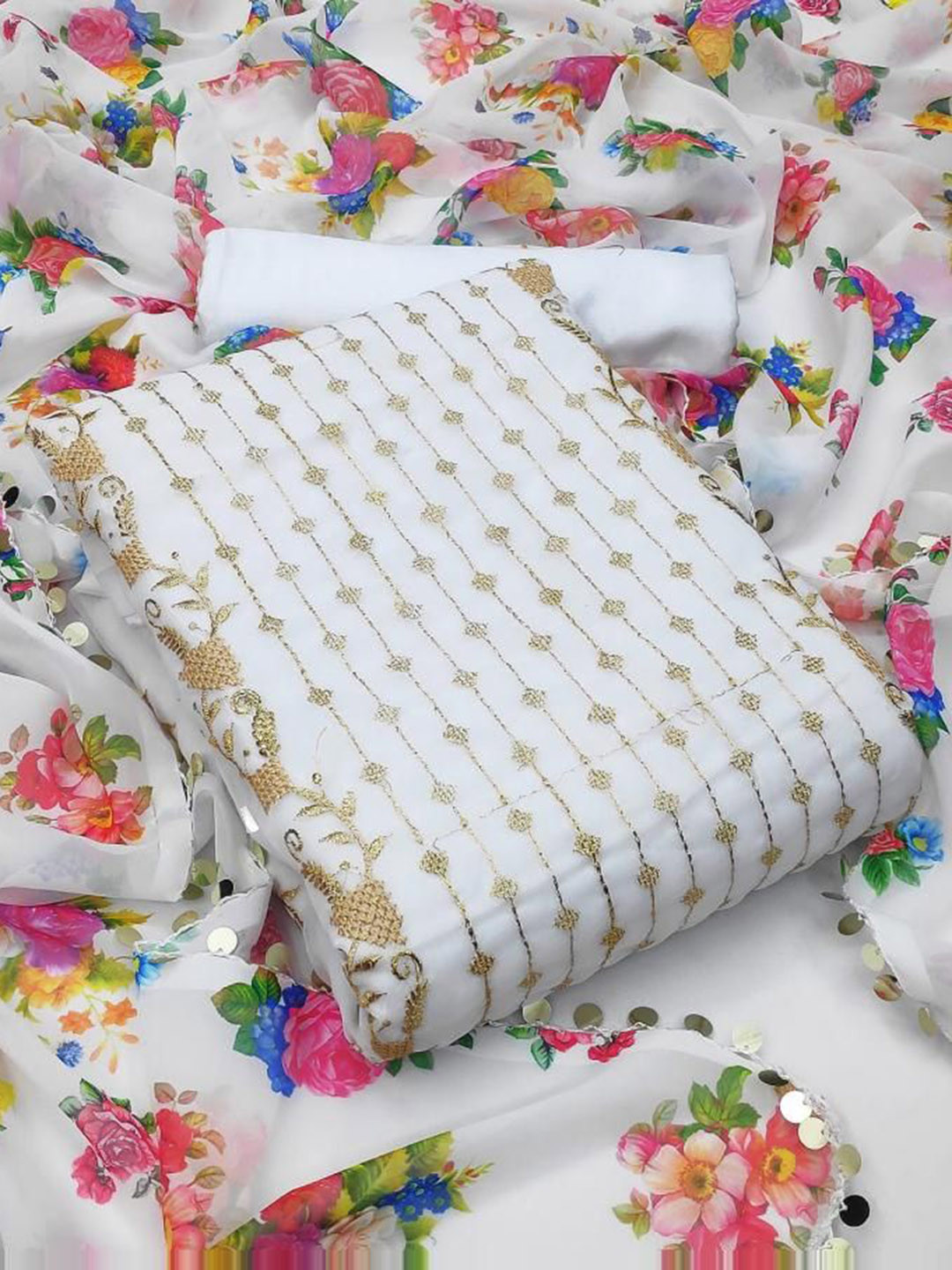 

KALINI Embroidered Silk Georgette Unstitched Dress Material, White