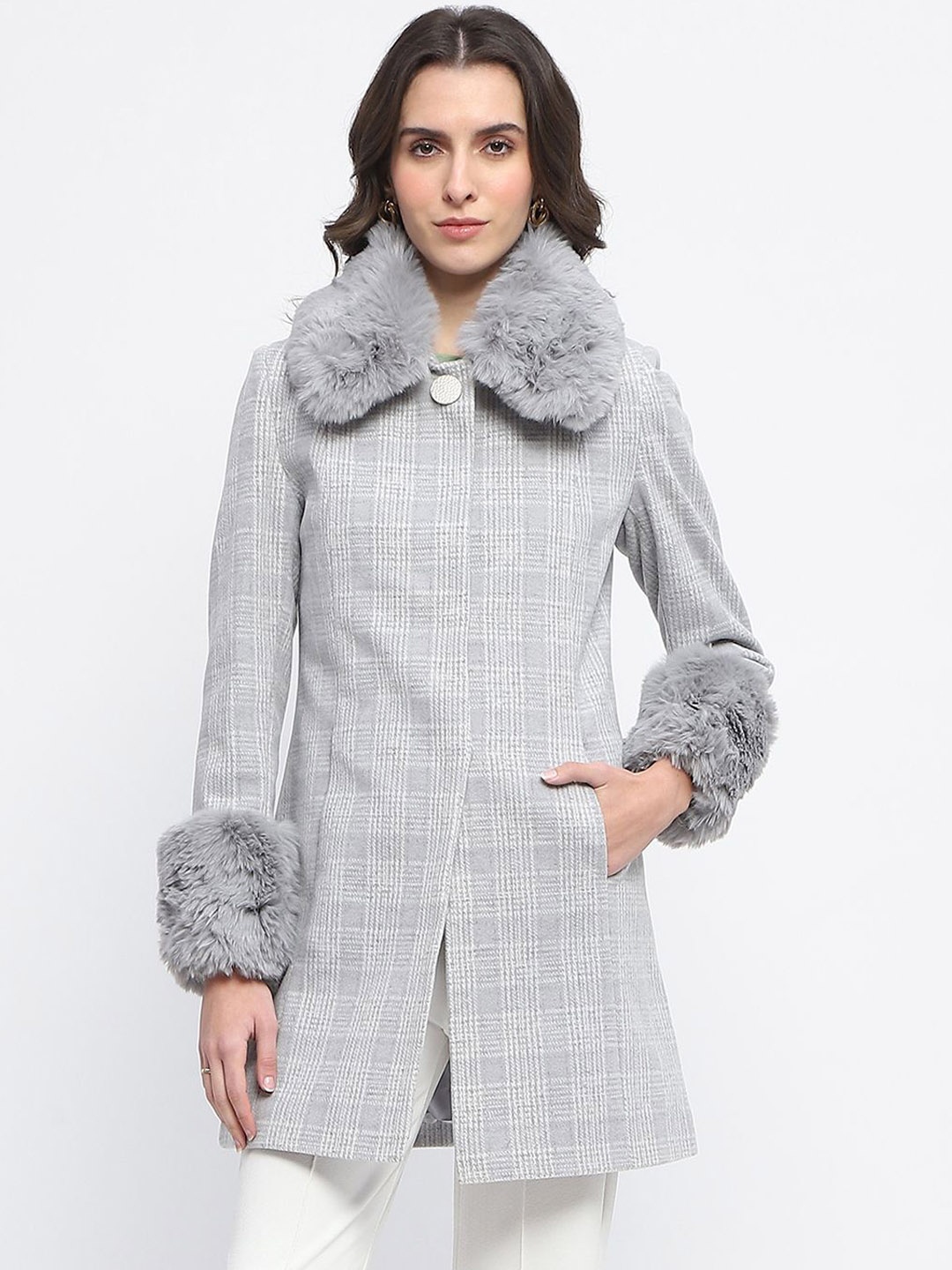 

Madame Women Checked Single-Breasted Longline Overcoat, Grey