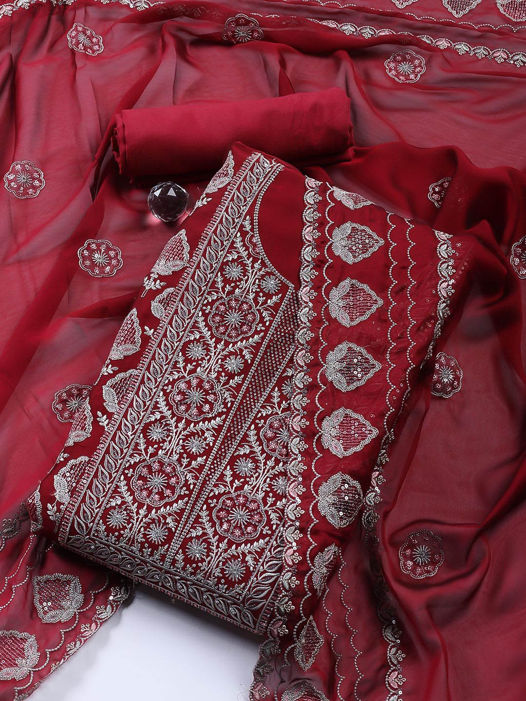 

Meena Bazaar Floral Embroidered Sequinned Organza Unstitched Dress Material, Maroon