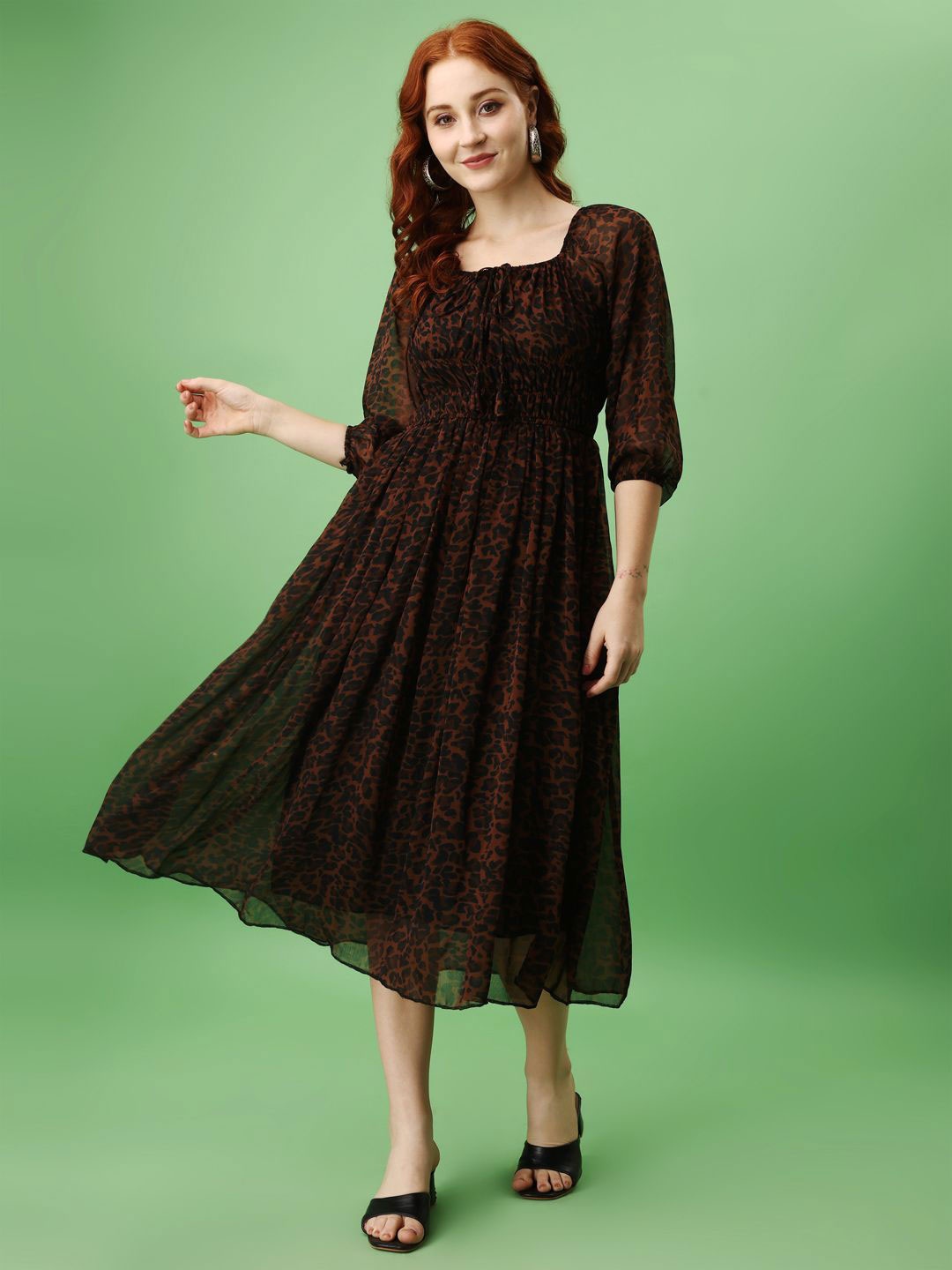 

Attire Empire Animal Print Puff Sleeve Smocked Fit & Flare Midi Dress, Brown