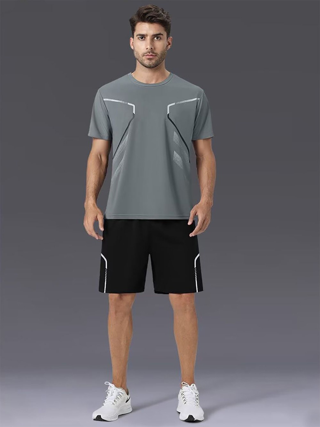

StyleCast x Revolte Printed Round Neck T-Shirt And Shorts, Grey