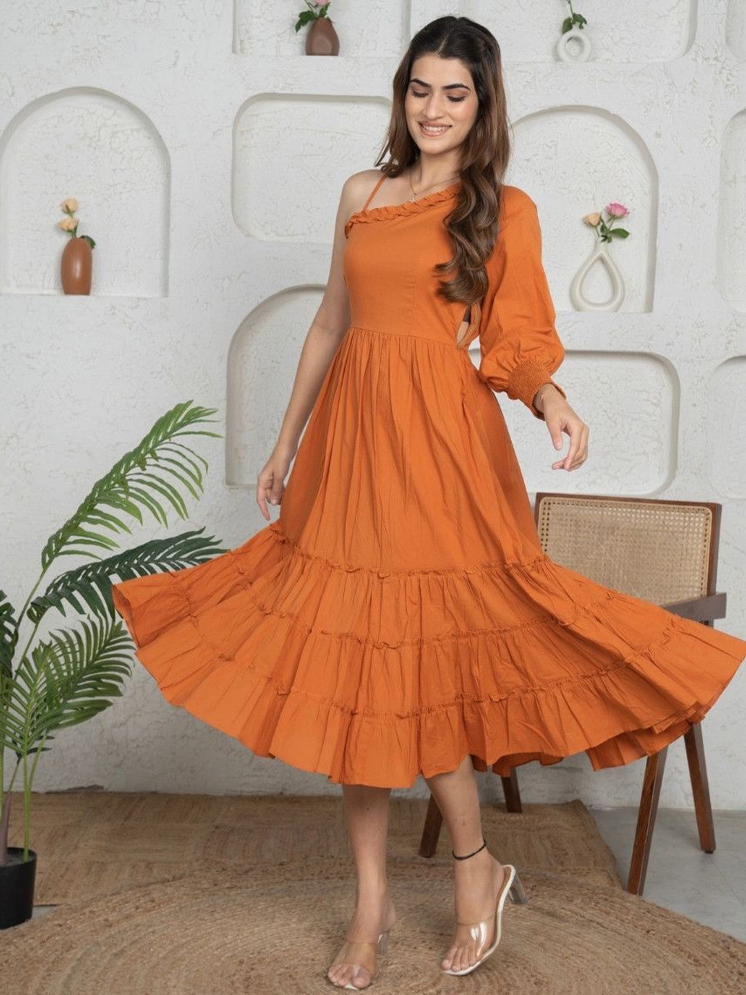 

KAJODI Women One Shoulder Puff Sleeve A-Line Dress, Rust