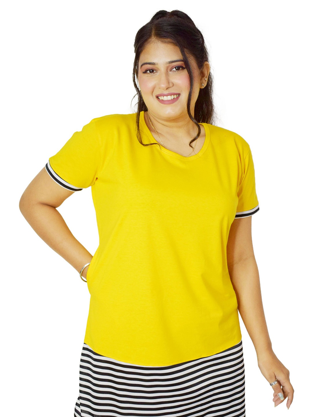 

PINK SHELL Women Striped Round Neck Cotton T-shirt, Yellow