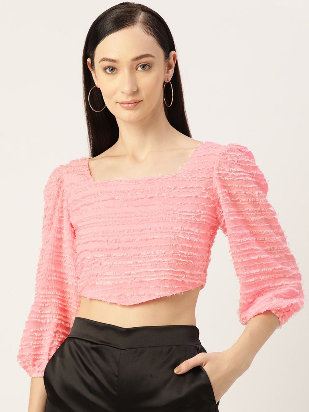 

Moda Rapido Women Square Neck Puff Sleeve Georgette Fitted Crop Top, Pink