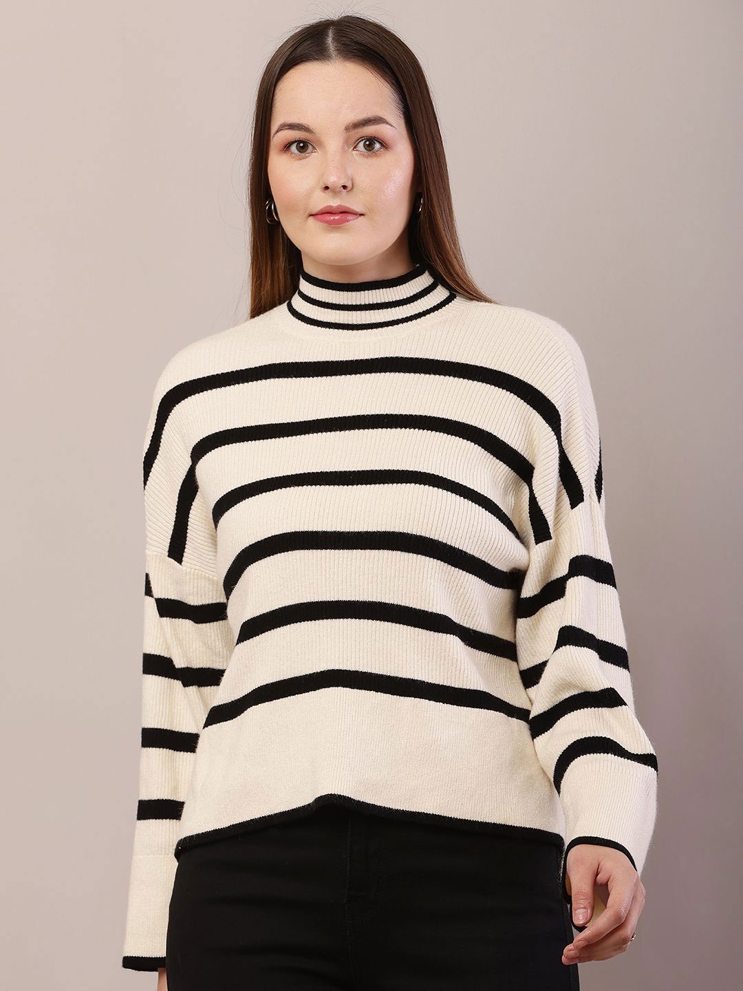 

NoBarr Women Striped Pullover Sweater, Cream
