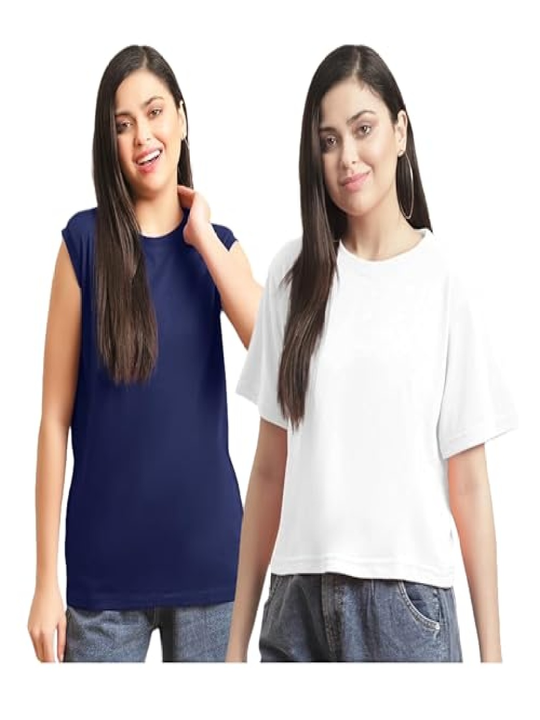 

NOTWILD Women Pack Of 2 Solid Round Neck Cotton T-shirts, Navy blue