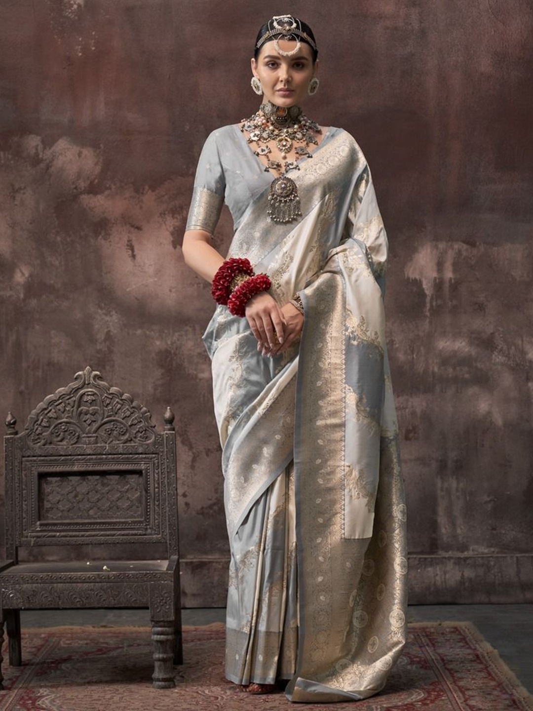 

Anouk Woven Design Zari Banarasi Saree, Grey