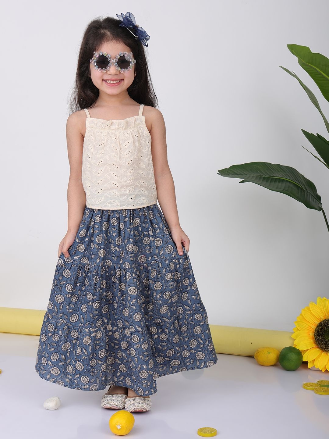 

Sangria Girls Floral Printed Pure Cotton Top With Skirt, Blue