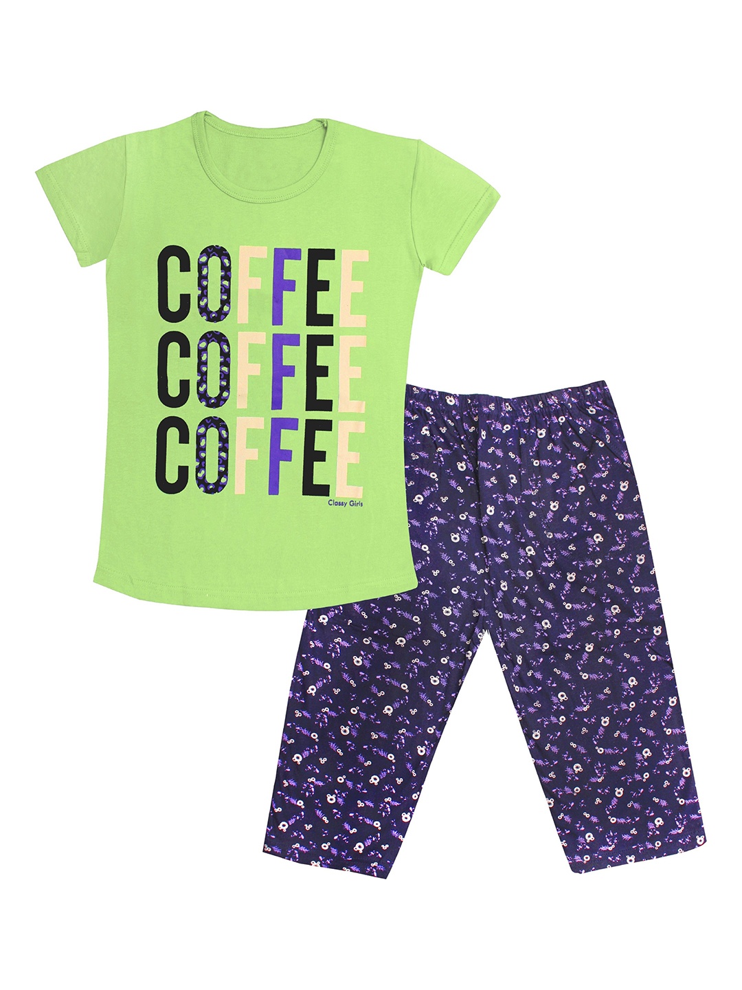 

Tee Weavers Girls Typography Printed Pure Cotton Night suit, Green