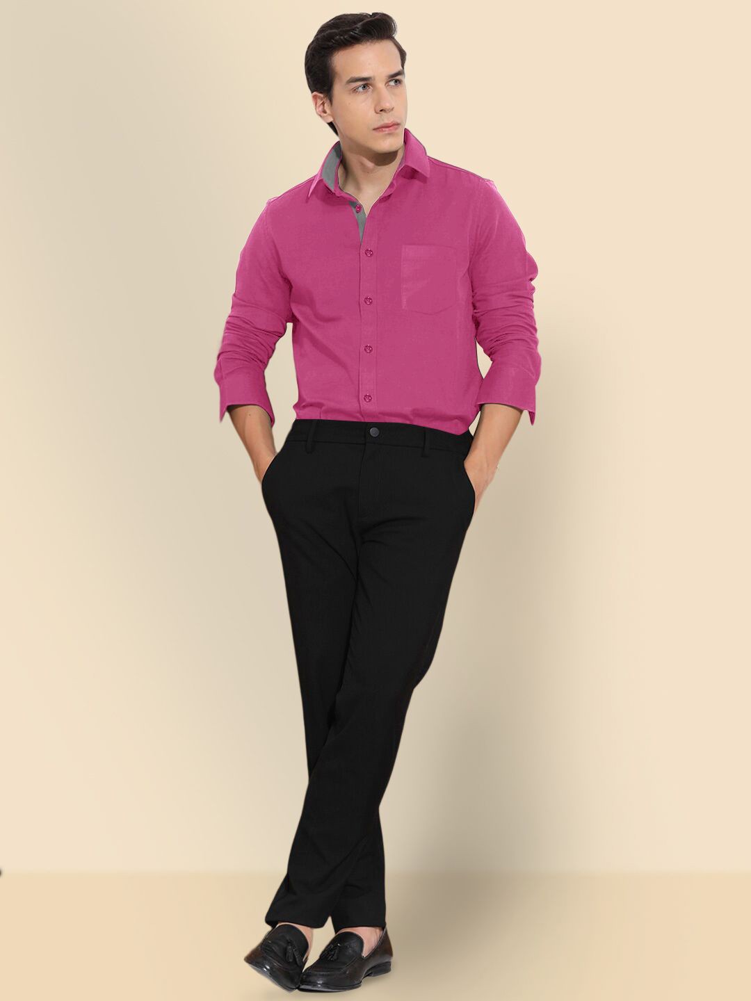 

SZN Men Standard Fit Spread Collar Solid Cotton Formal Shirt, Pink