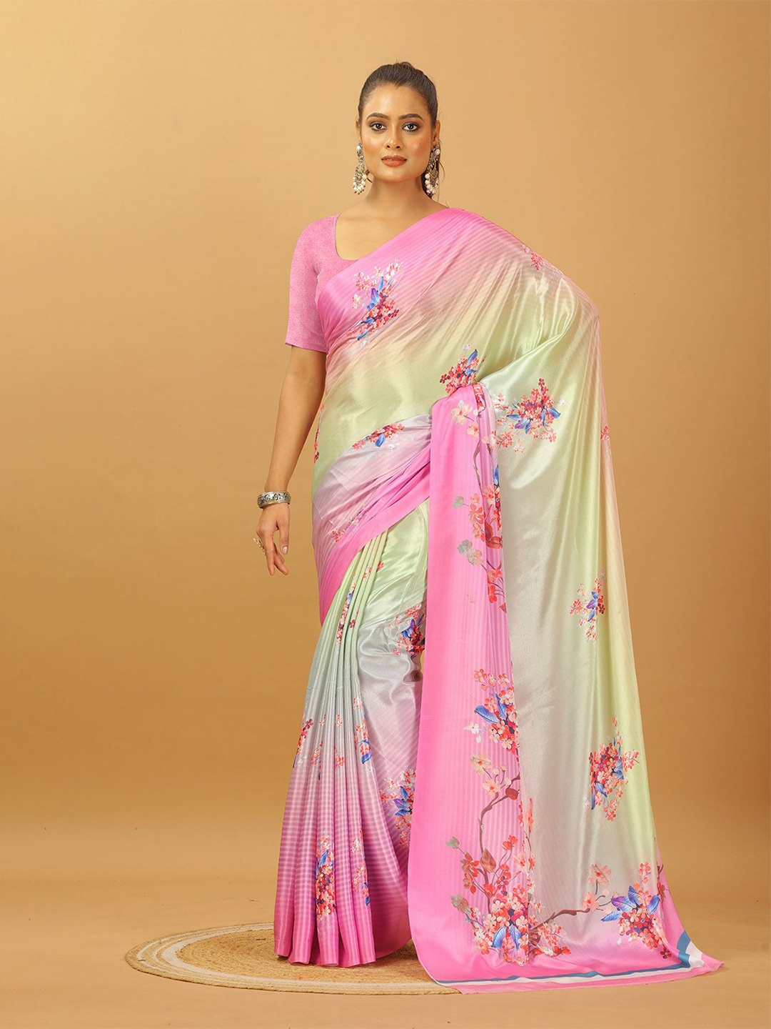 

NIRMAL CREATION Floral Printed Pure Crepe Saree, Pink