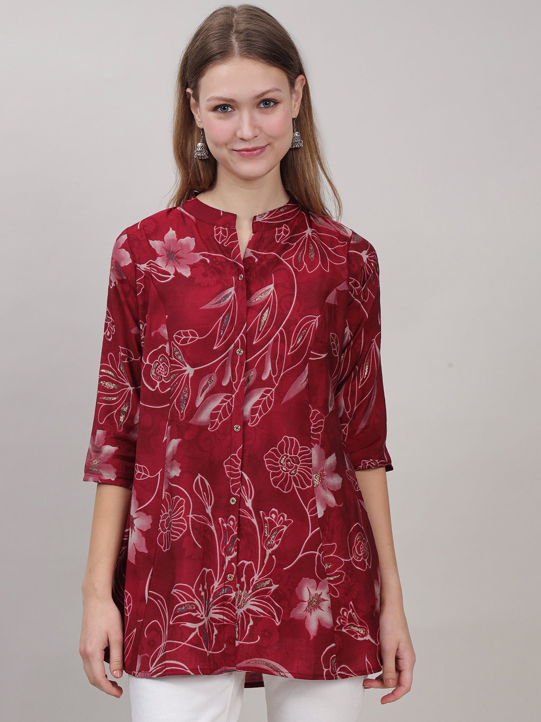 

STUNICS Mandarin Collar Printed Tunic, Maroon