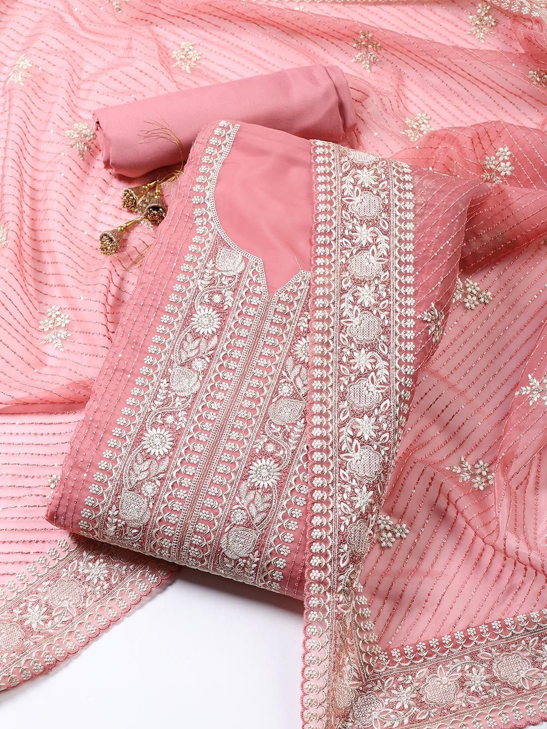 

Meena Bazaar Floral Embroidered Sequinned Organza Unstitched Dress Material, Pink
