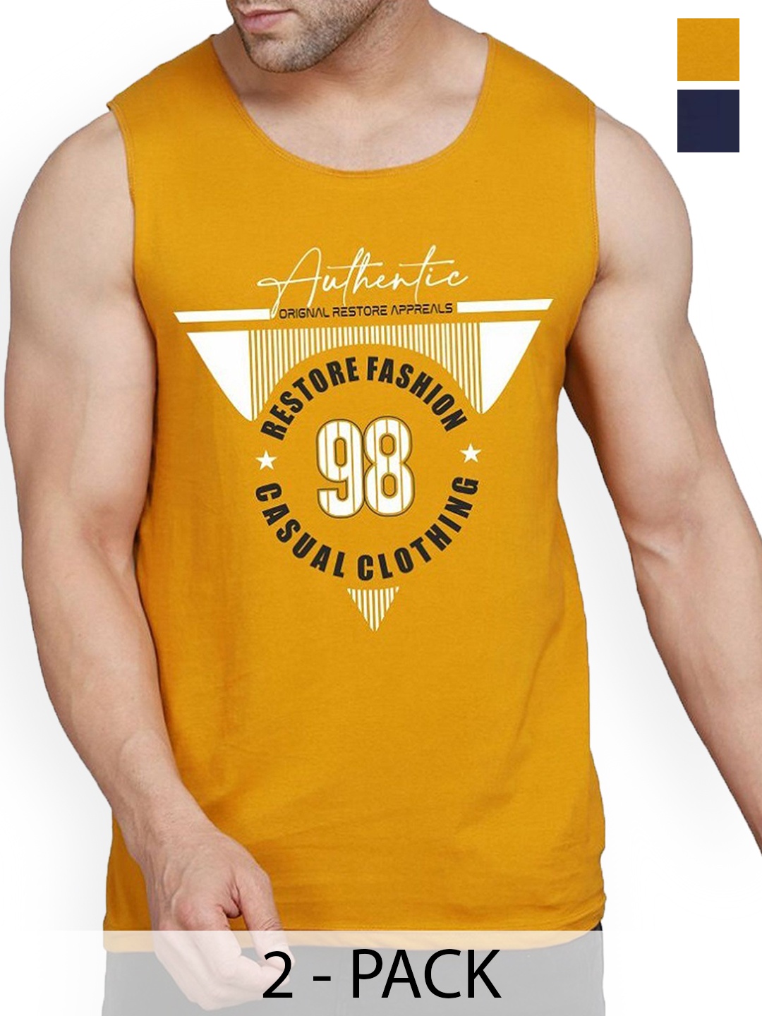 

WOOSTRO Men Pack Of 2 Printed Combed Cotton Innerwear Gym Vests, Mustard