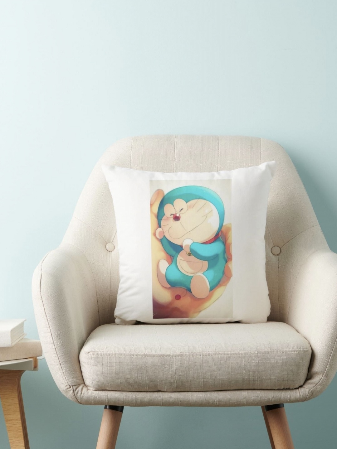 

Anikmart White & Blue Doremon Printed Pre-Filled Square Cushion