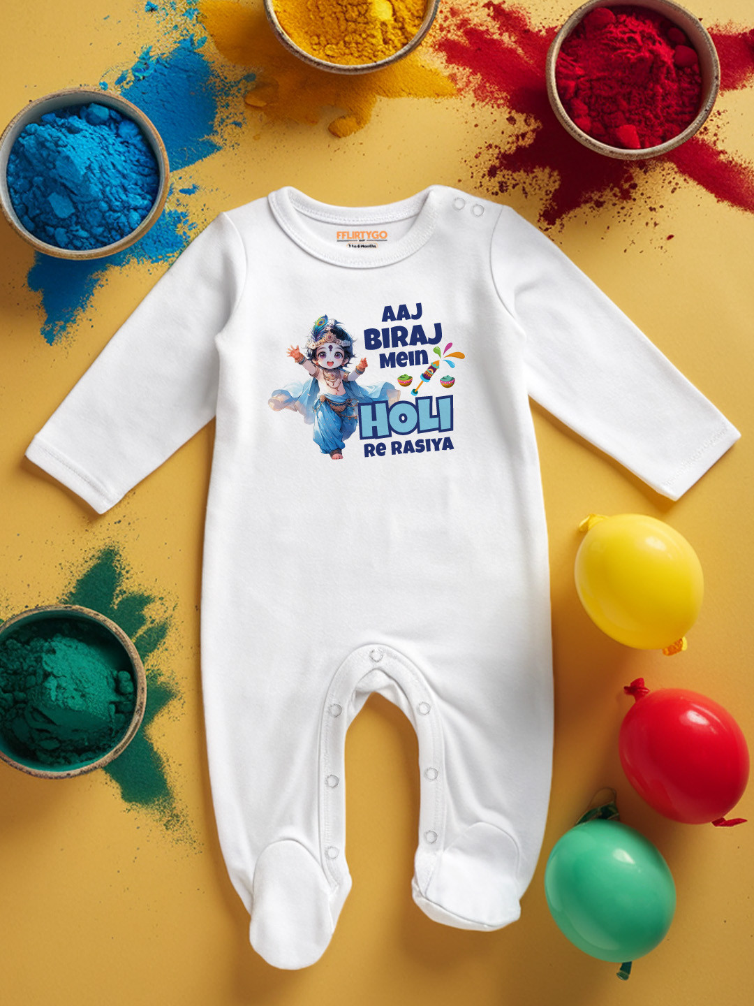 

FFLIRTYGO Infants Holi Printed Pure Cotton Sleepsuit, White