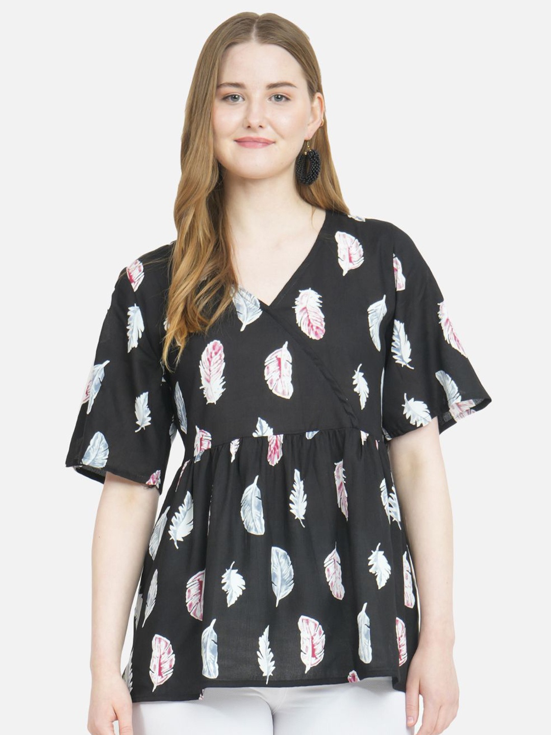 

MANKSH Women V-Neck Flared Sleeve Empire Top, Black