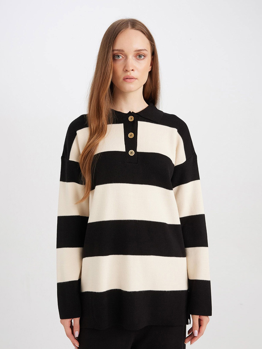 

DeFacto Striped Pullover Sweater, Black