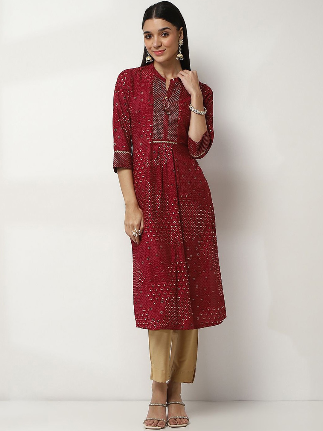 

Rangriti Ethnic Motifs Printed Mandarin Collar A-Line Kurtas, Red