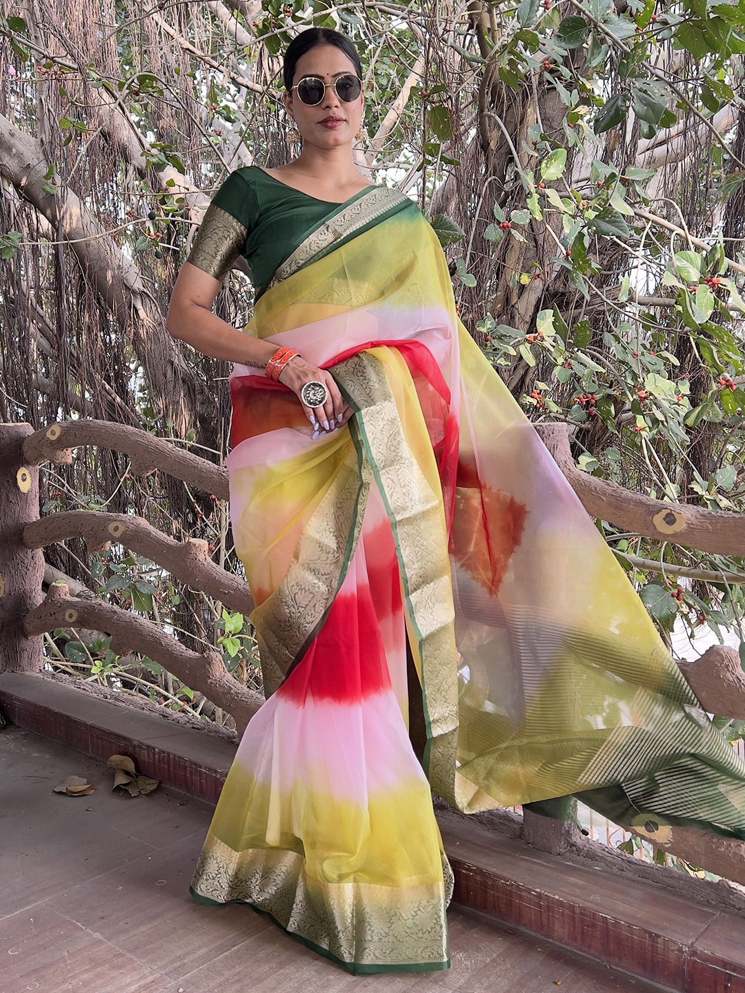 

bansari textiles Striped Zari Organza Kota Saree, Yellow