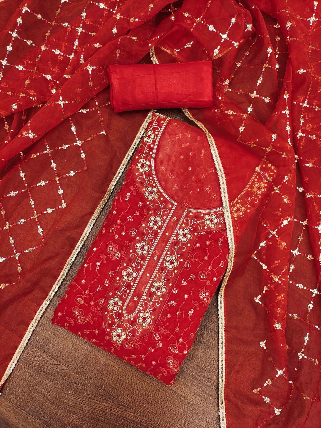 

Blissta Floral Embroidered Sequinned Organza Unstitched Dress Material, Red
