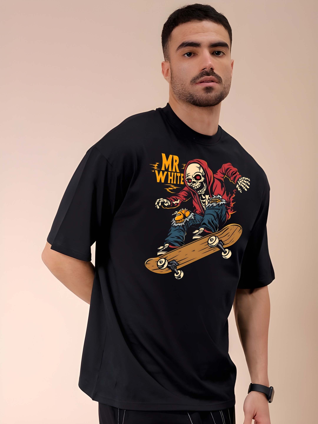 

Krimmple Men Graphic Printed Round Neck Cotton Oversized T-shirt, Black