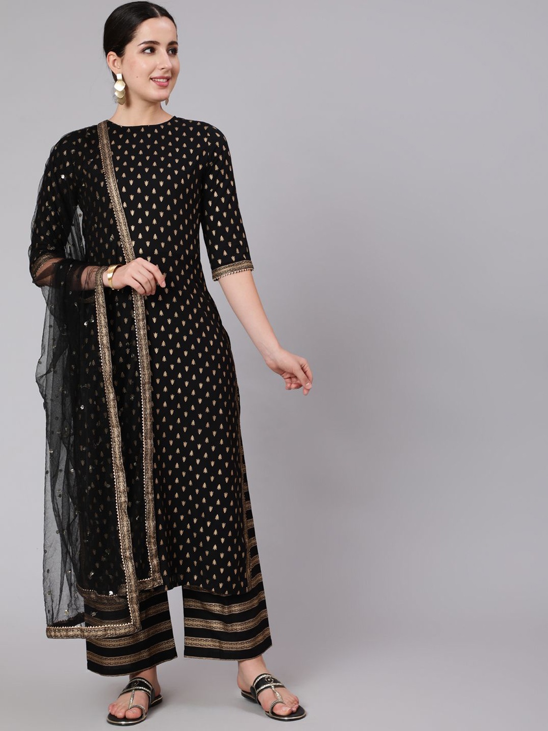 

Nayo Women Ethnic Motifs Printed Regular Gotta Patti Kurta with Palazzos & With Dupatta, Black