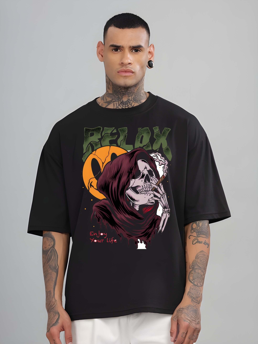

Krimmple Men Graphic Printed Round Neck Cotton Oversized T-shirt, Black