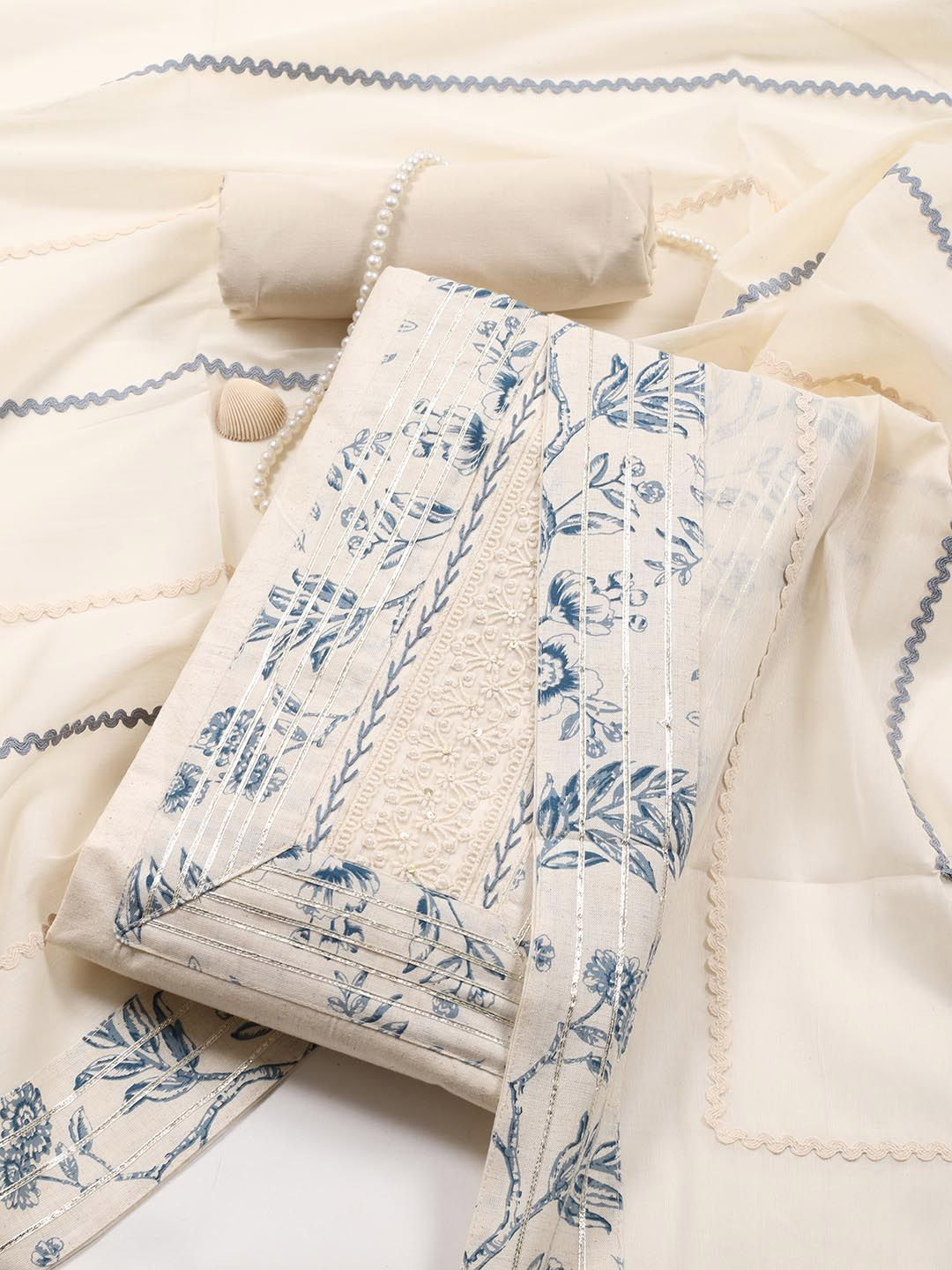 

Meena Bazaar Floral Yoke Design Gotta Patti Cotton Unstitched Dress Material, Cream