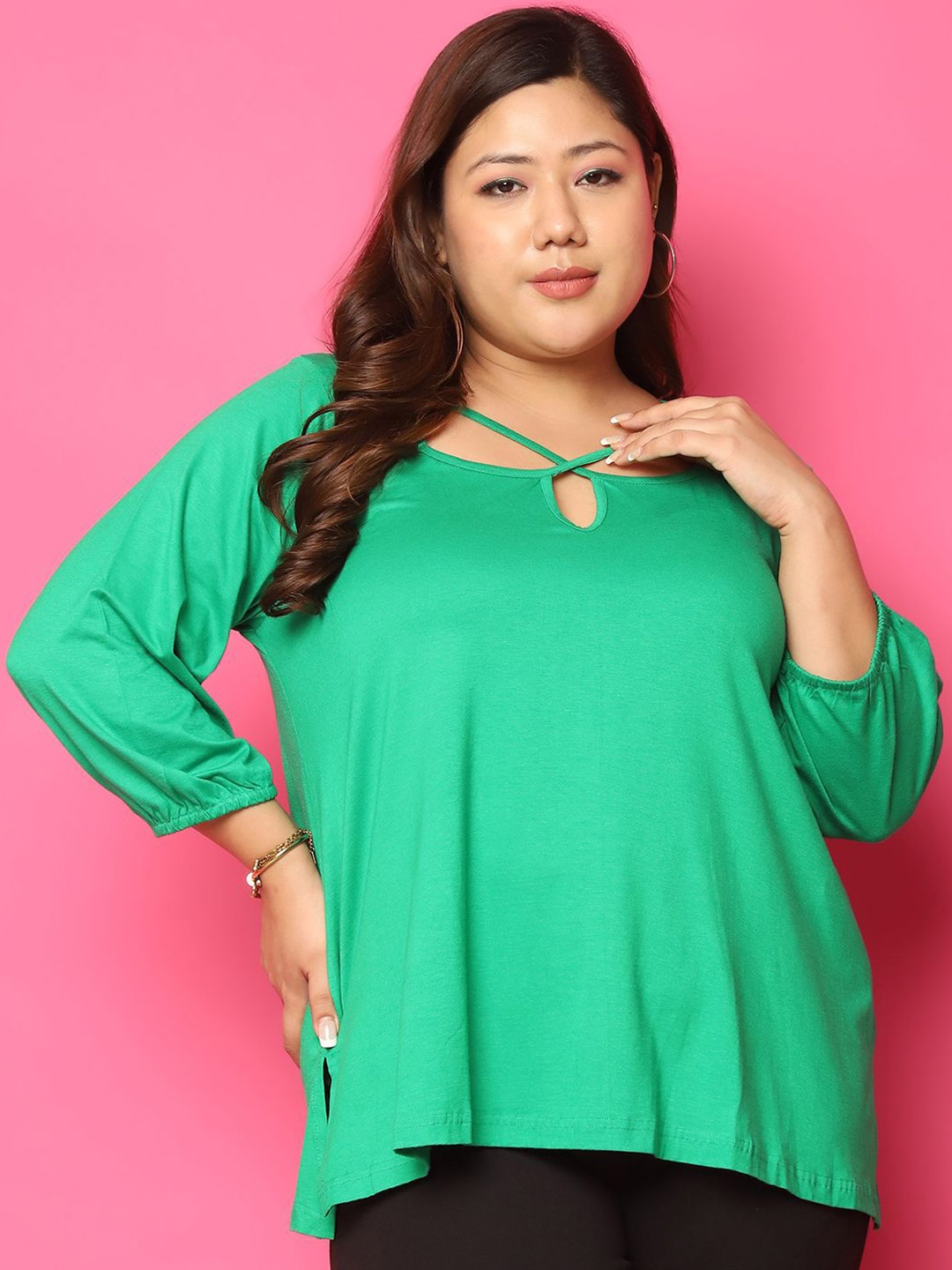 

theRebelinme Women Plus Size Puff Sleeves Cut Out Top, Green