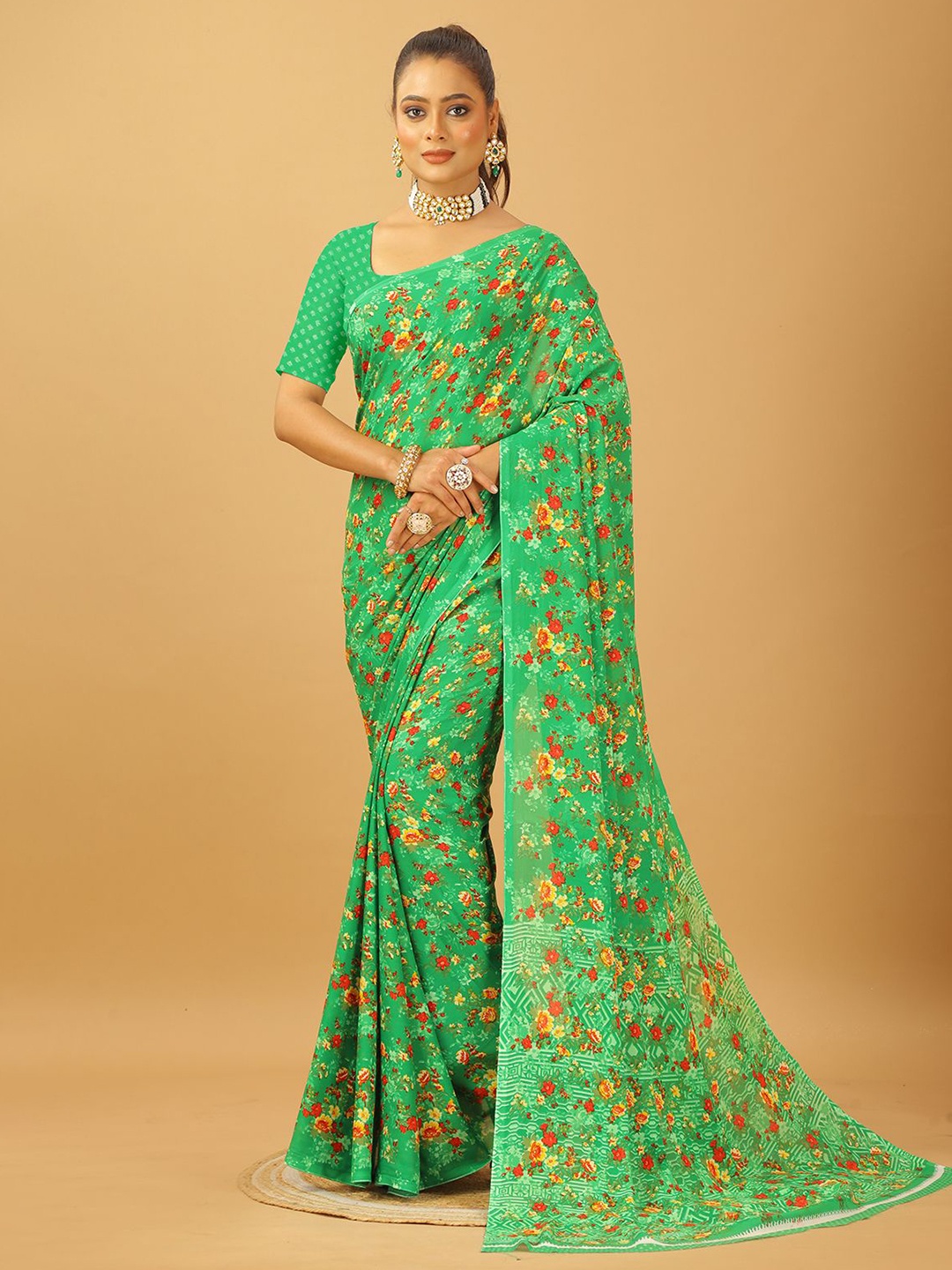 

A.V.M. SILK MILLS Floral Printed Pure Georgette Saree, Green