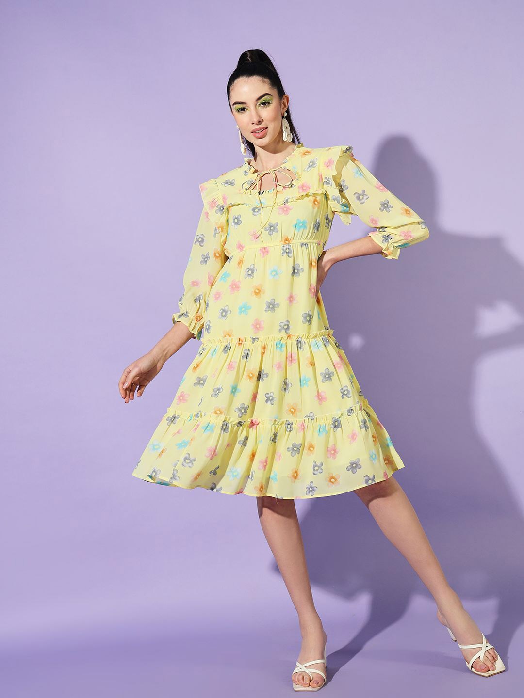

Moda Rapido Floral Print Tie-Up Neck Puff Sleeve Georgette Fit & Flare Dress, Yellow