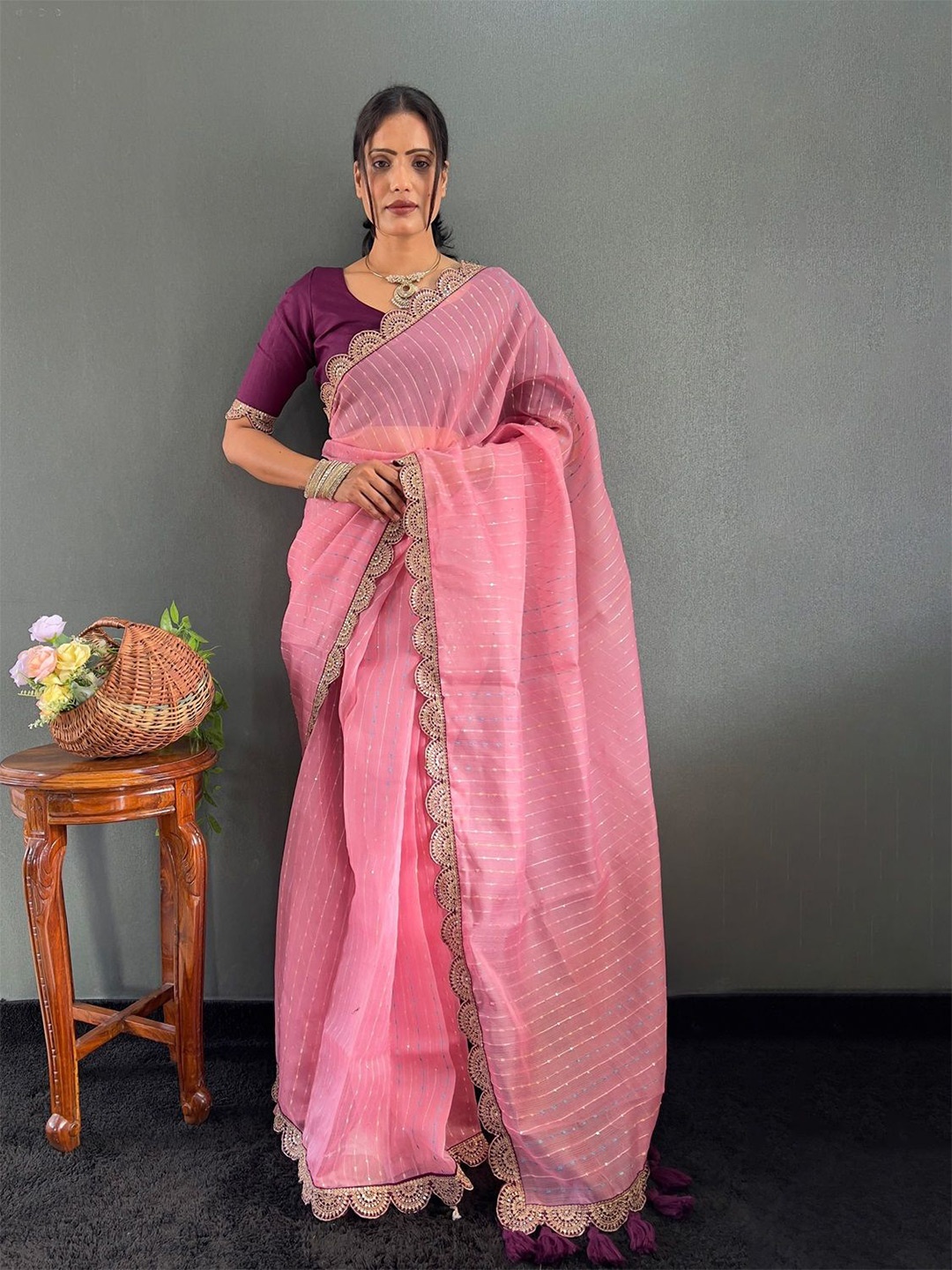 

Anouk Striped Embroidered Saree, Peach