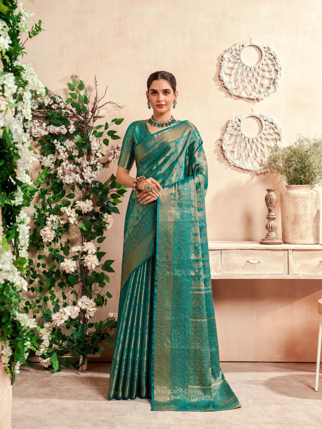 

NK Textiles Woven Design Dharmavaram Saree, Sea green