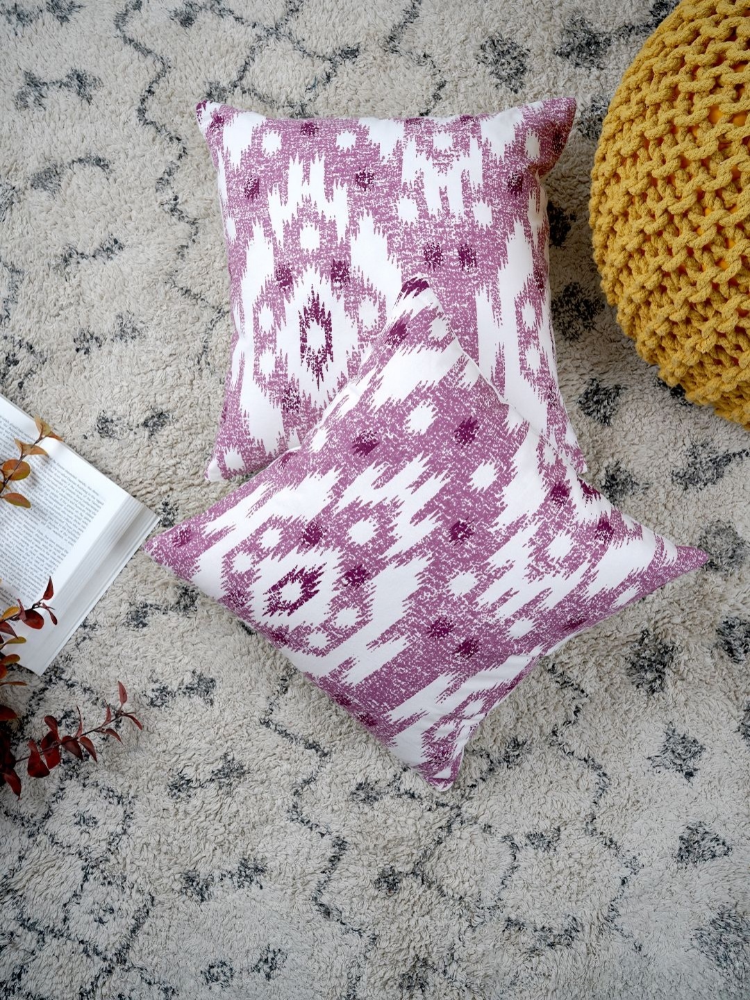 

Ratan Cart Purple 2 Pieces Abstract Woven Design Pure Cotton Square Cushion Covers