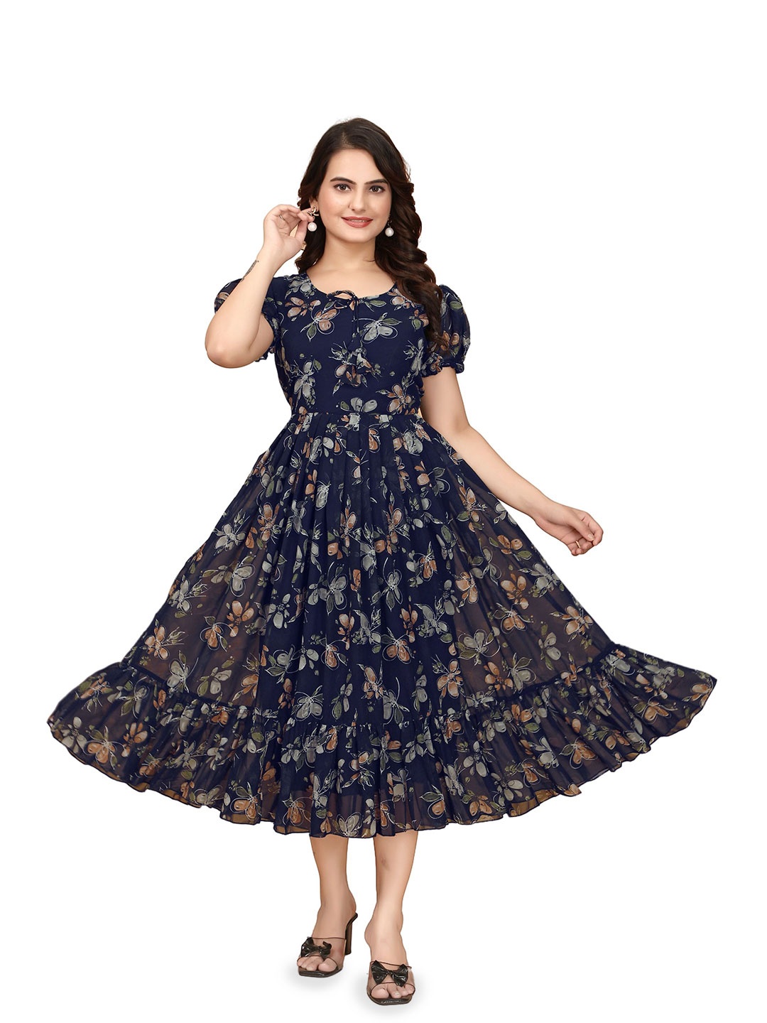 

Anouk Women Floral Printed Puff Sleeve Fit and Flare Dress, Navy blue