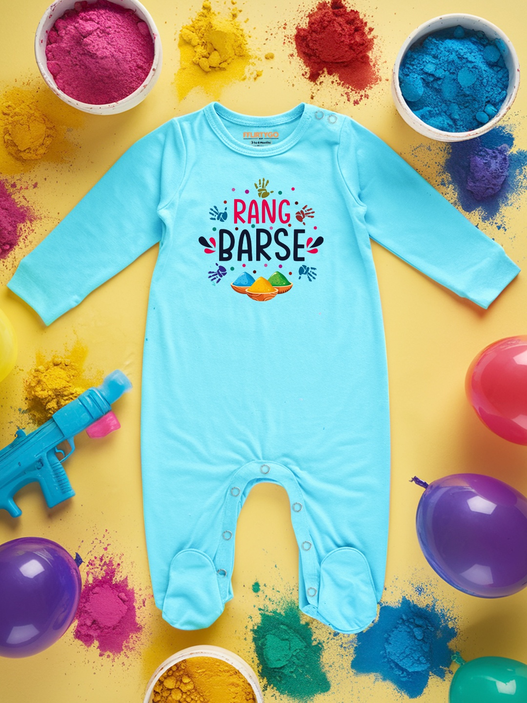 

FFLIRTYGO Infants Holi Printed Cotton Sleepsuit, Turquoise blue