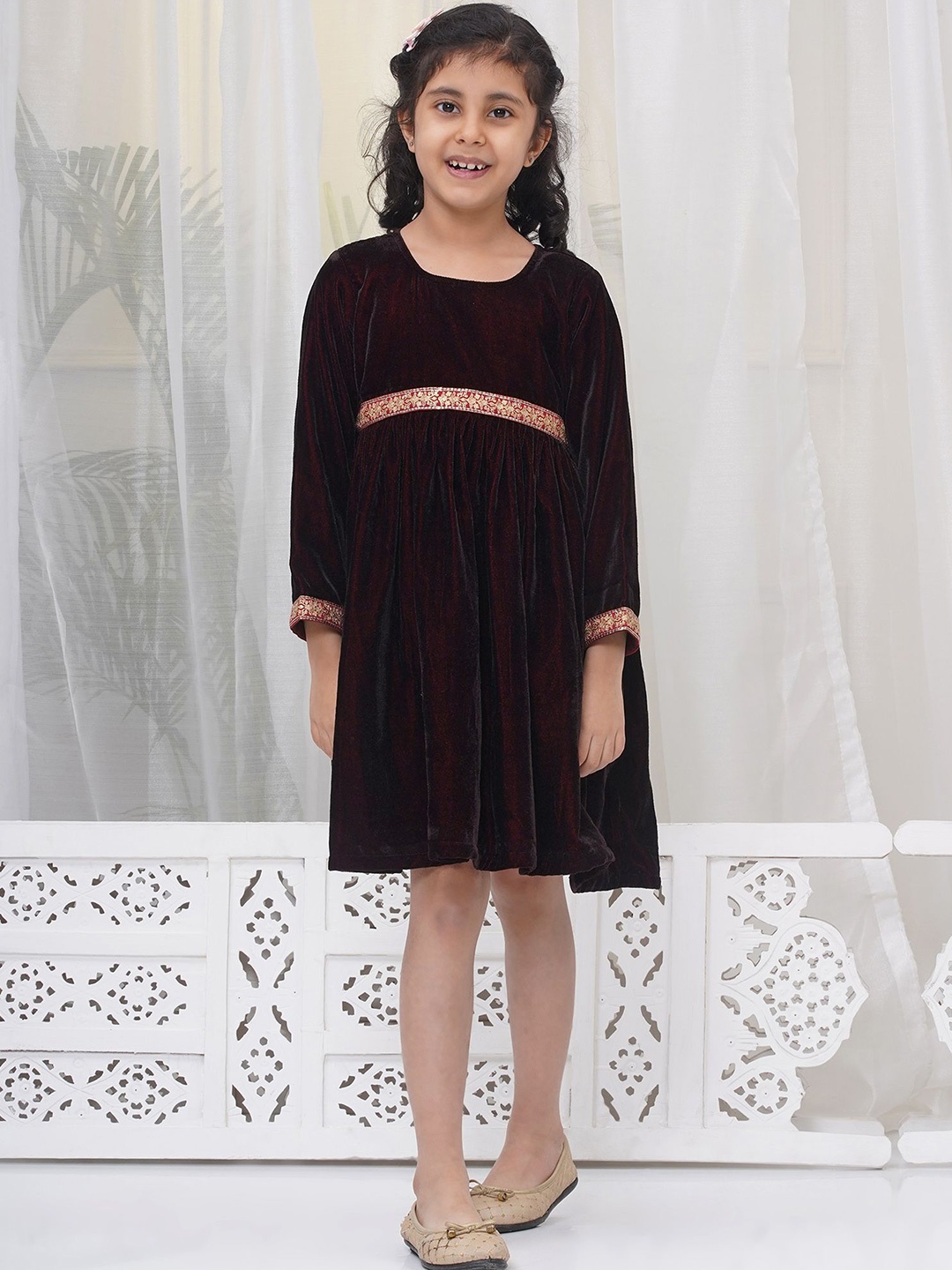 

Little Bansi Girls Velvet Three Fourth Sleeves Christmas Winter Frock Lace work-Mahroon, Maroon
