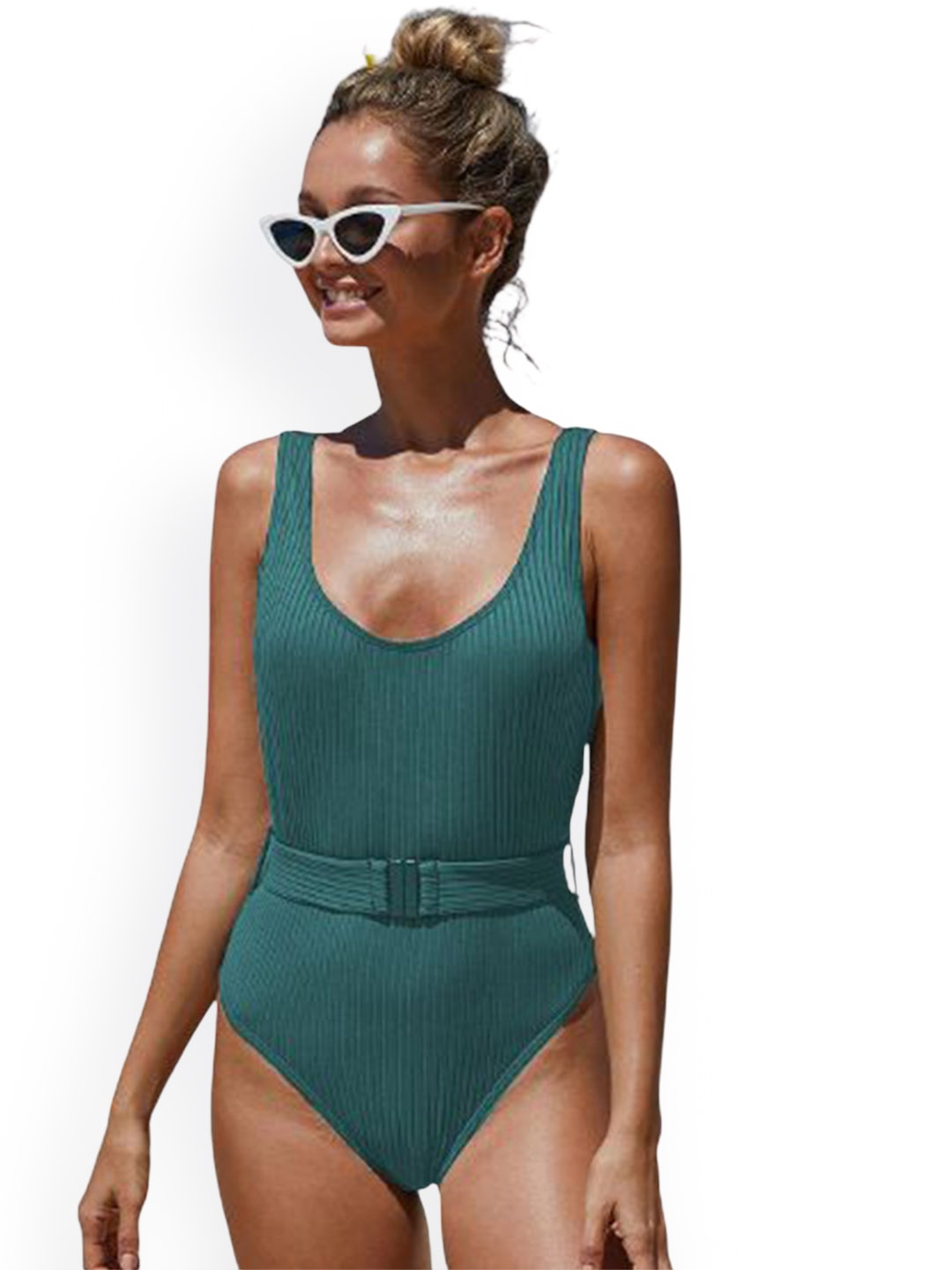 

Plus Curvves Women Shoulder Straps Swim Bodysuit with Belt, Green