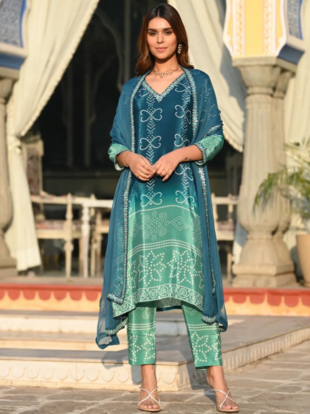 

KALINI Bandhani Printed V-Neck Sequinned Straight Kurta With Trousers And Dupatta, Turquoise blue