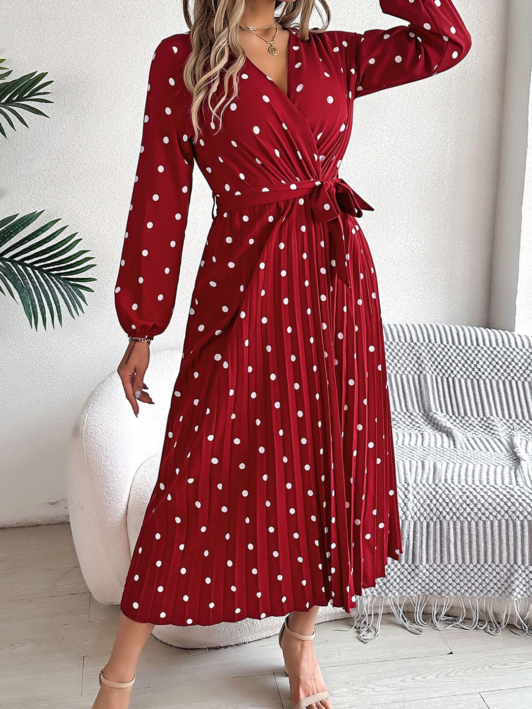 

StyleCast x Revolte Women Polka Dot Print Georgette Wrap Midi Dress, Red