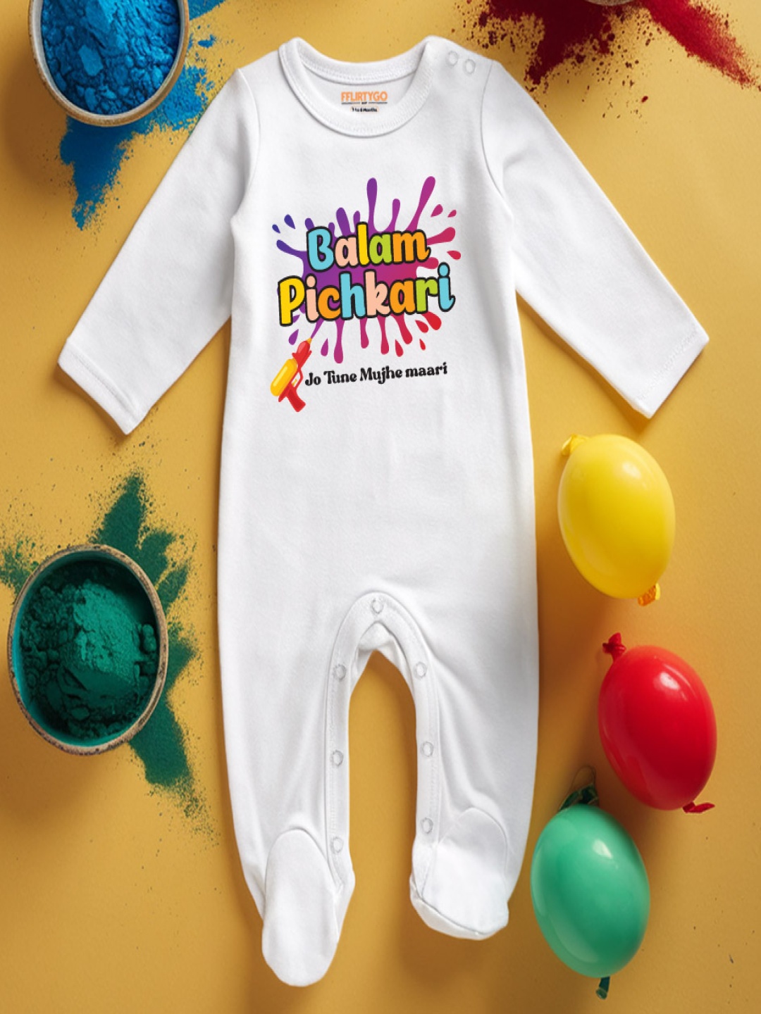 

FFLIRTYGO Infants Holi Printed Pure Cotton Sleepsuit, White
