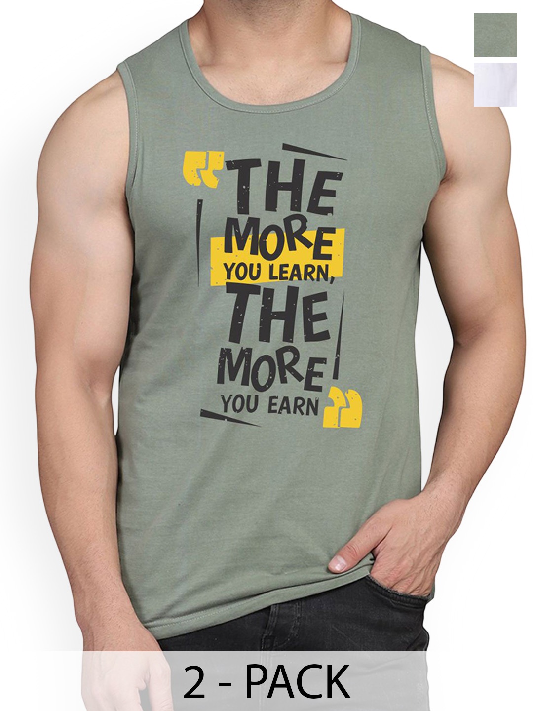 

WOOSTRO Pack Of 2 Printed Combed Cotton Gym Vest RS26 CMB (MORE LGTGREEN) (RUN WHITE), Green
