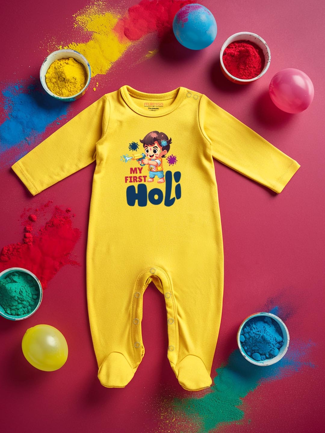 

FFLIRTYGO Infants Holi Printed Cotton Sleepsuit, Yellow