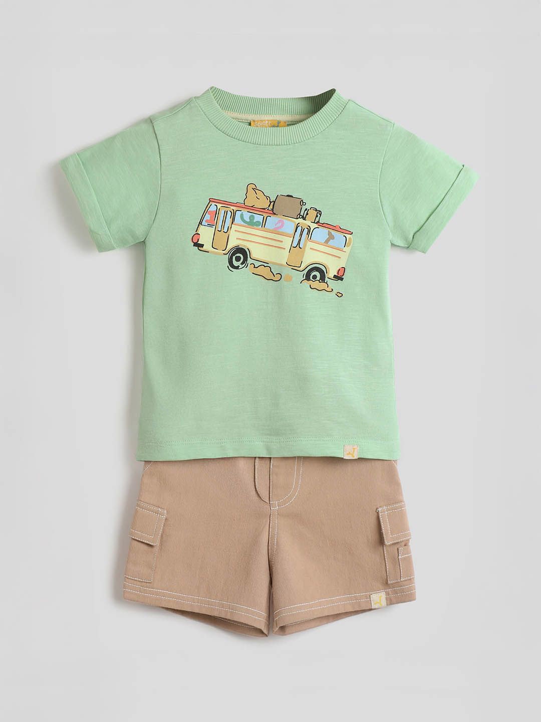 

Somersault Bus Ride Boys Printed Pure Cotton T-Shirt With Shorts, Green