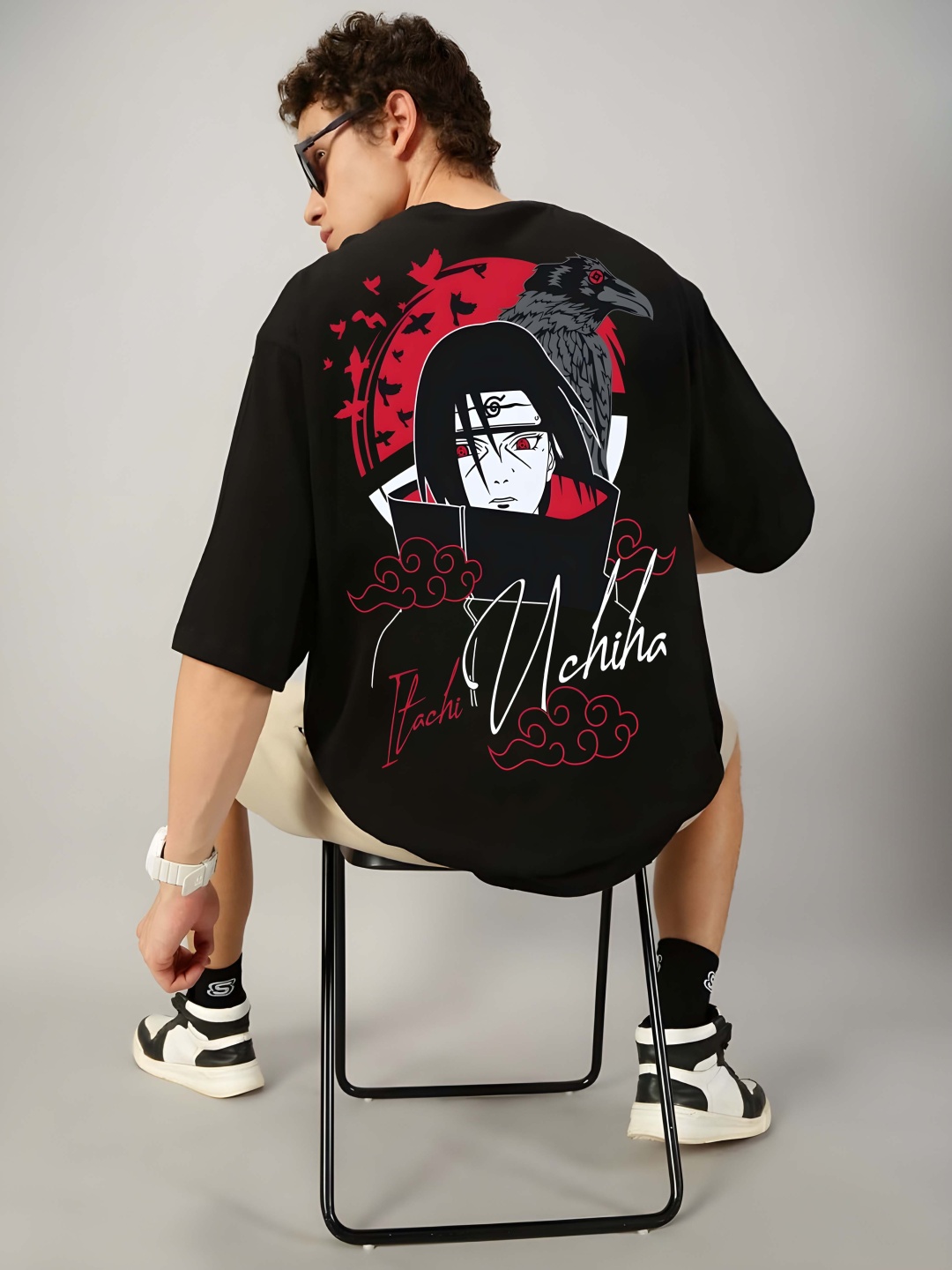 

Krimmple Men Naruto Graphic Printed Round Neck Cotton Oversized T-shirt, Black