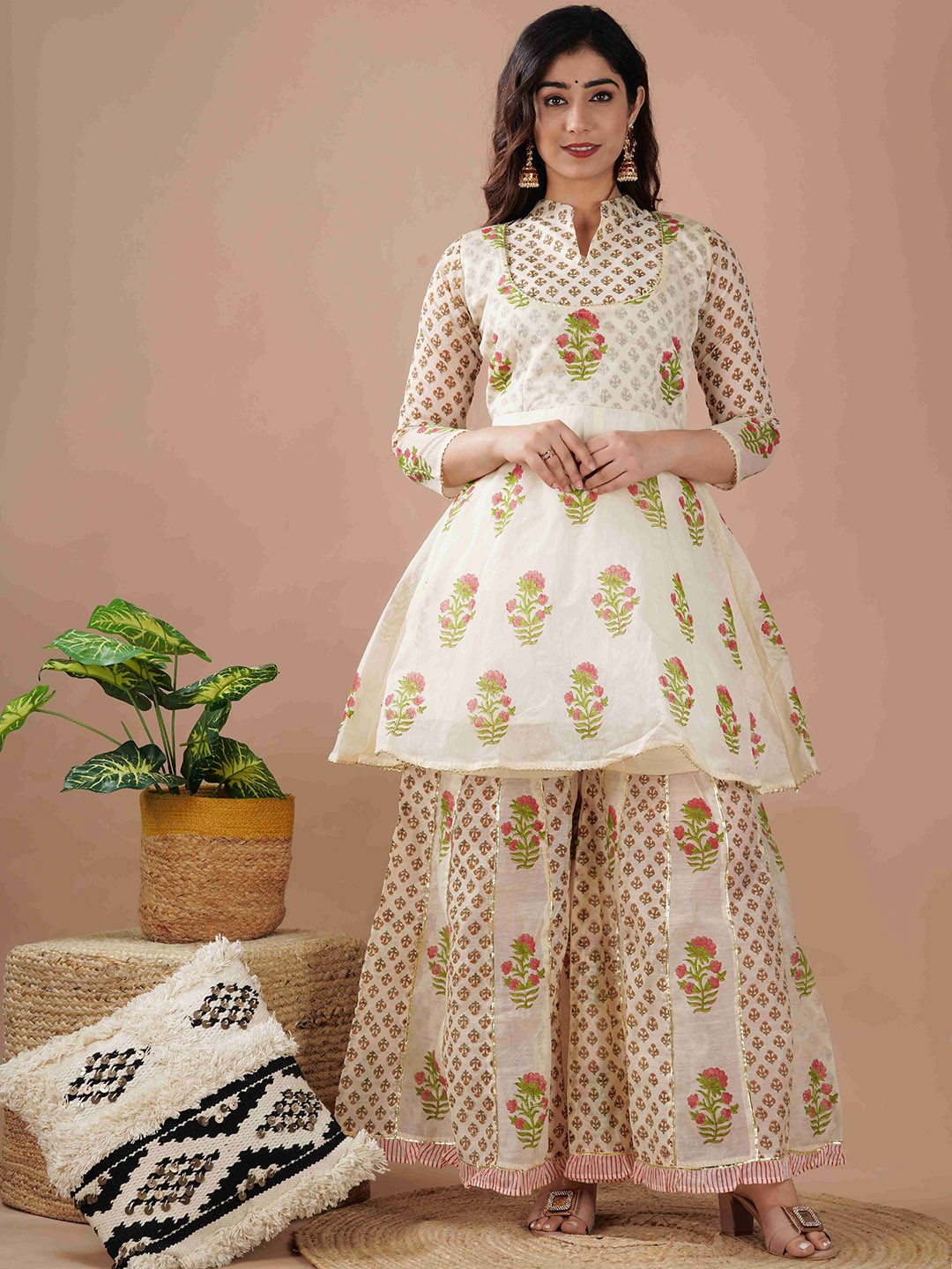 

SHAGUNA'S Women Floral Embroidered Regular Patchwork Chanderi Silk Kurta with Sharara, Beige