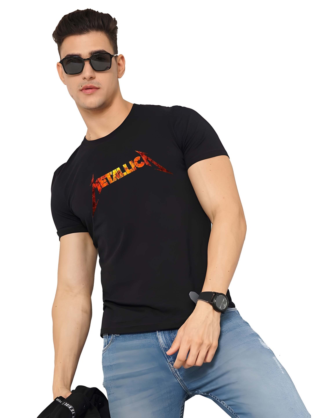 

Krimmple Men Graphic Printed Round Neck Cotton T-shirt, Black