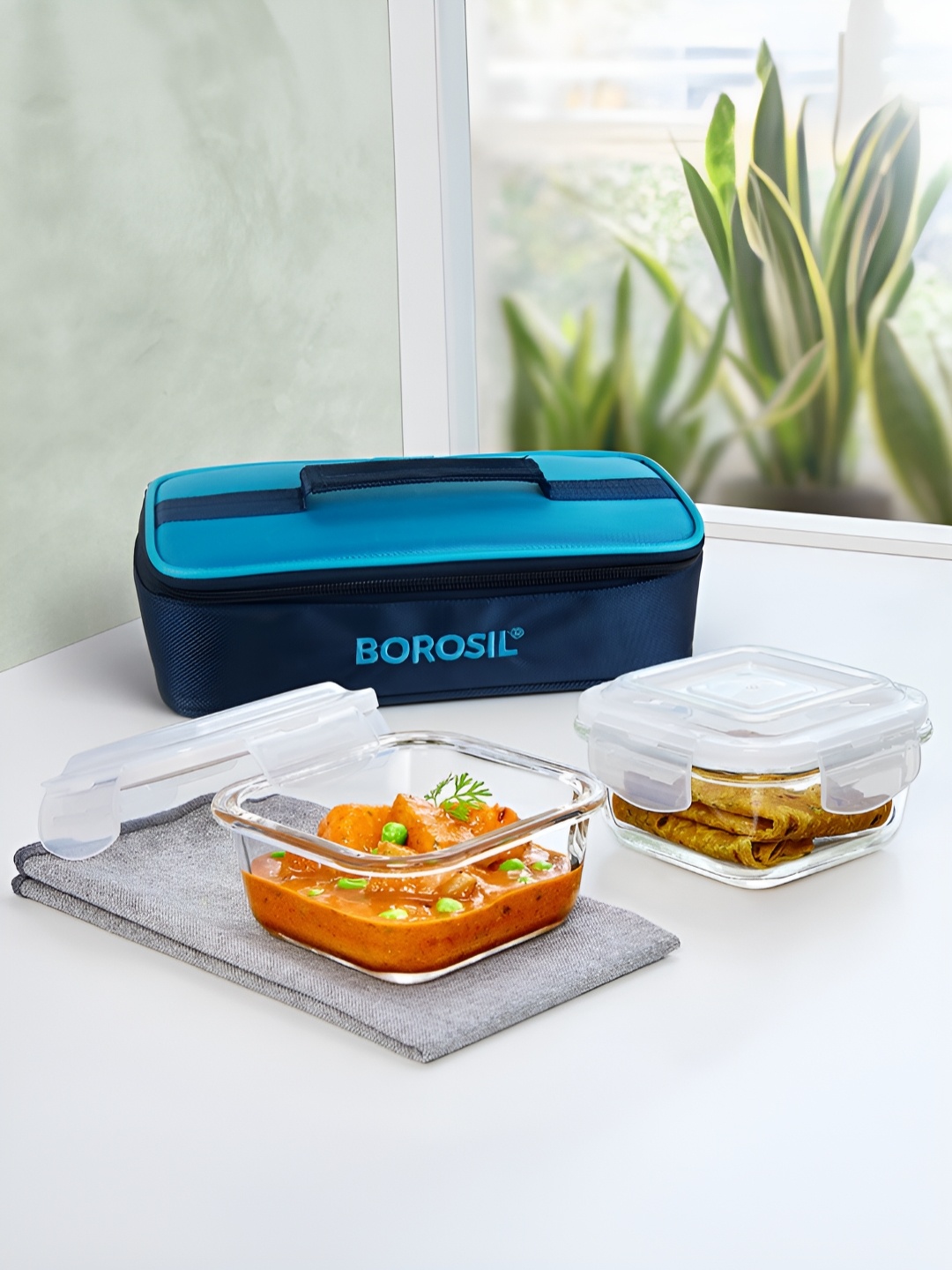 

BOROSIL Alfa Blue 2 Pieces Borosilicate Glass Square Containers Lunch Boxes With Bag